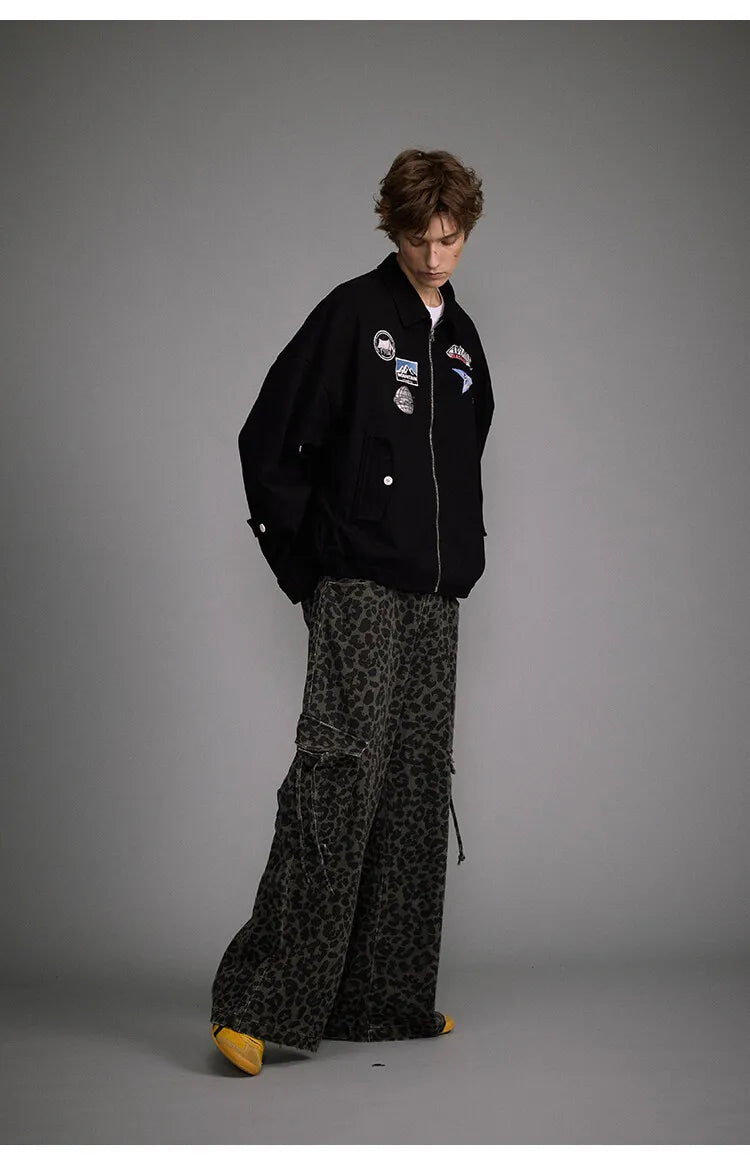 Vintage Leopard Print Wide Leg Pants Washed Old Large Pocket Overalls