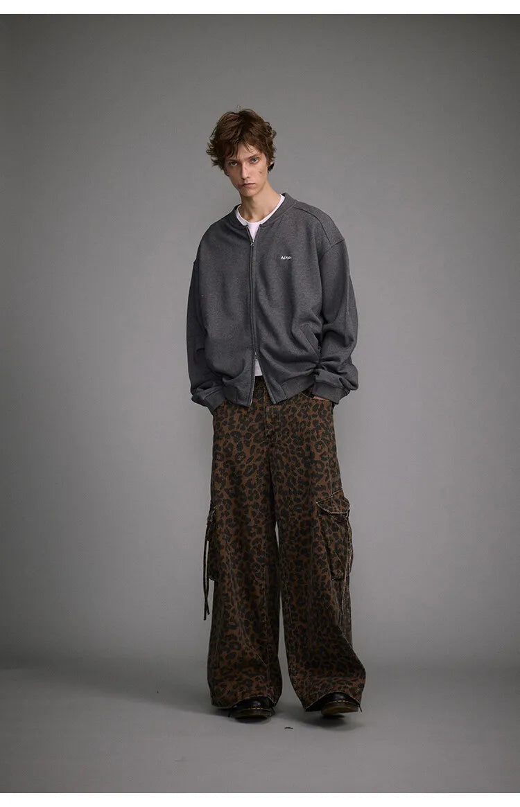 Vintage Leopard Print Wide Leg Pants Washed Old Large Pocket Overalls