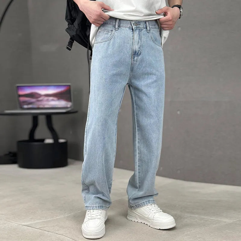 Fashion Pockets Jeans Men's Wide-leg Straight Trousers Versatile Casual Long Pants Streetwear Clothing
