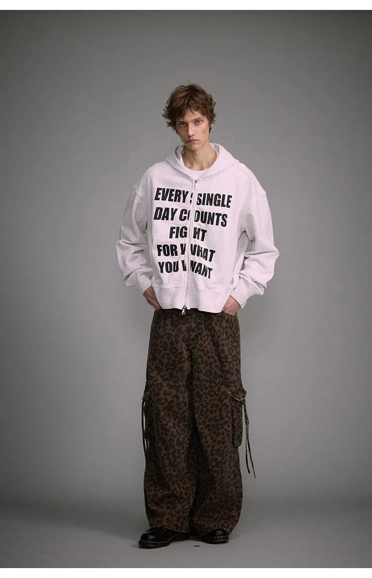 Vintage Leopard Print Wide Leg Pants Washed Old Large Pocket Overalls