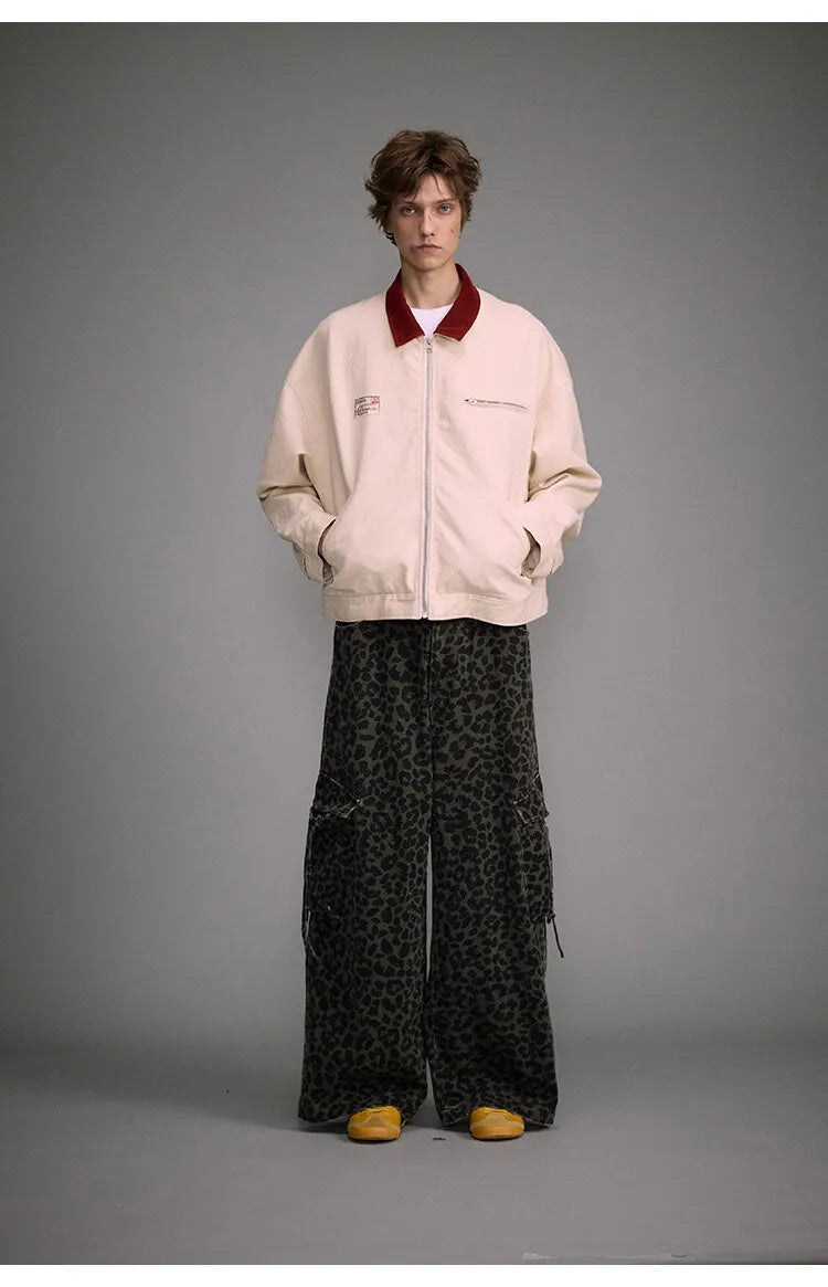 Vintage Leopard Print Wide Leg Pants Washed Old Large Pocket Overalls