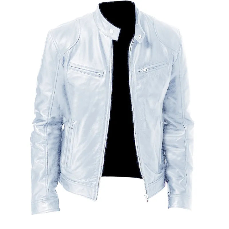 Gentleman's Warm Zipper Cardigan Pocket Decorated Pu Leather Coat