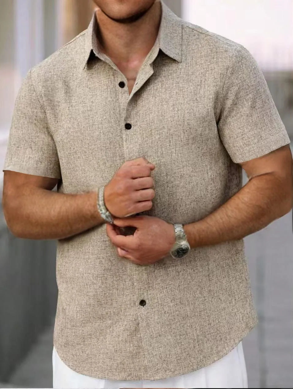Men's Lapel Cotton And Linen Stripes Jacquard Loose Casual Shirt