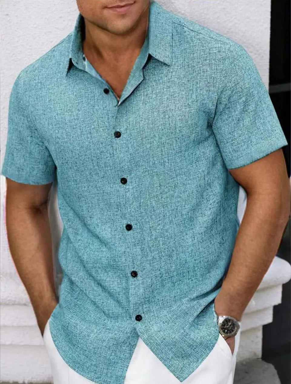Men's Lapel Cotton And Linen Stripes Jacquard Loose Casual Shirt