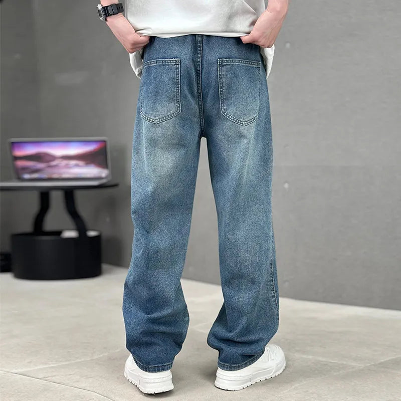 Fashion Pockets Jeans Men's Wide-leg Straight Trousers Versatile Casual Long Pants Streetwear Clothing