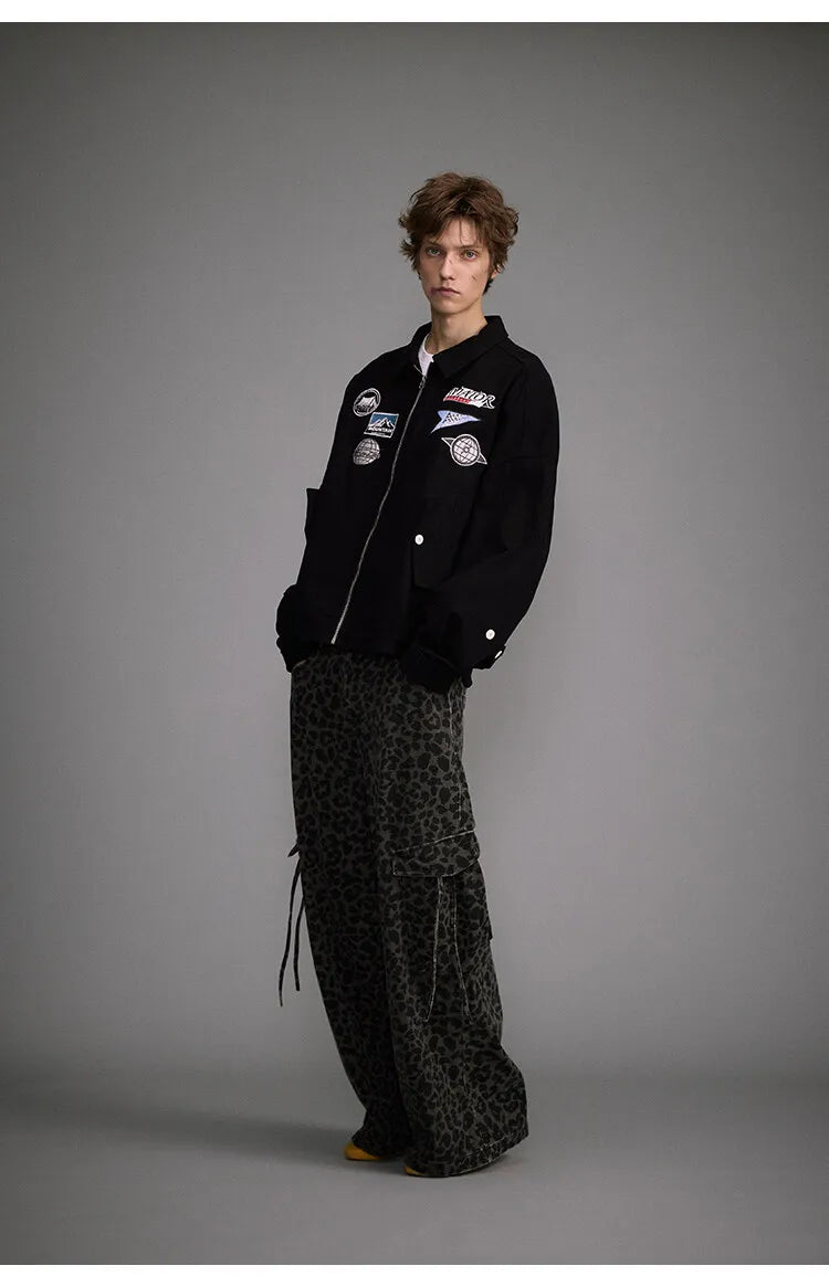 Vintage Leopard Print Wide Leg Pants Washed Old Large Pocket Overalls